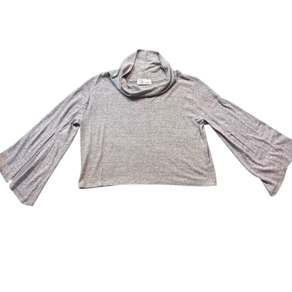 Vintage Havana Cowl Neck Cropped Gray Split Bell Sleeve Sweater Medium Boho Cozy